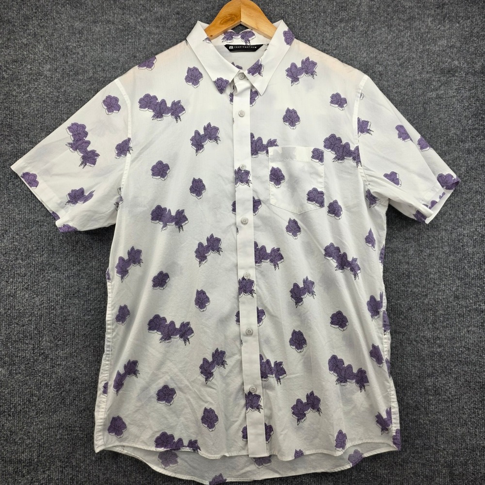 Travis Mathew Mens White‎ Purple Floral Short Sleeve Button Up Shirt Size L